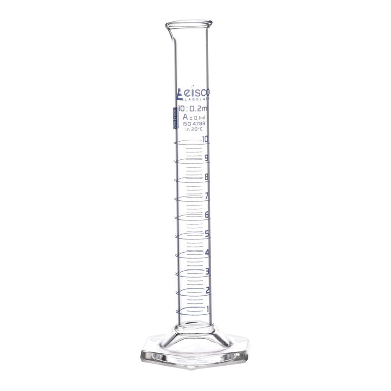 EISCO Graduated Cylinder, 10ml - Class A Tolerance Â±0.10ml - Hexagonal Base - Blue Graduations - Borosilicate 3.3 Glass - Eisco Labs - Image 1